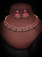 Tehzeeb Creations Luxurious Gold Polished Pink Colour Diamond Choker Necklace Set With Matching Earrings