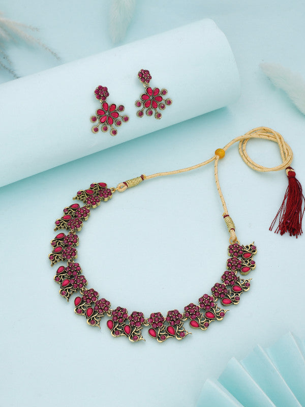Tehzeeb Creations Luxurious Gold Polished Pink Colour Diamond Choker Necklace Set With Matching Earrings
