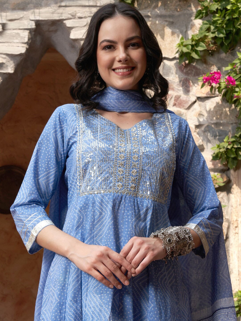 Sangria Blue Printed & Embroidered Pure Cotton A-Line Kurta With Trouser & Dupatta