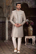 Raivat Ethnic Banarasi Jacquard Woven Work Indo Western Sherwani In Light Grey Colour - Distacart