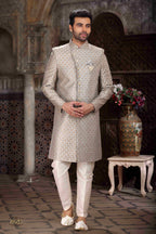 Raivat Ethnic Banarasi Jacquard Woven Work Indo Western Sherwani In Light Grey Colour - Distacart