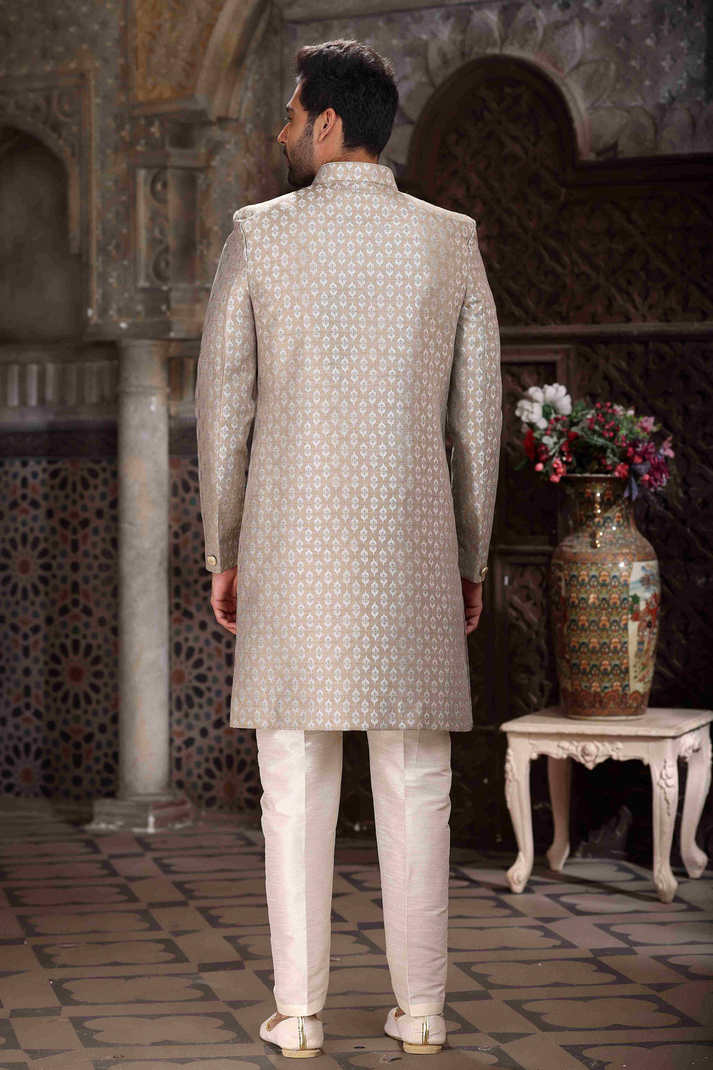 Raivat Ethnic Banarasi Jacquard Woven Work Indo Western Sherwani In Light Grey Colour - Distacart