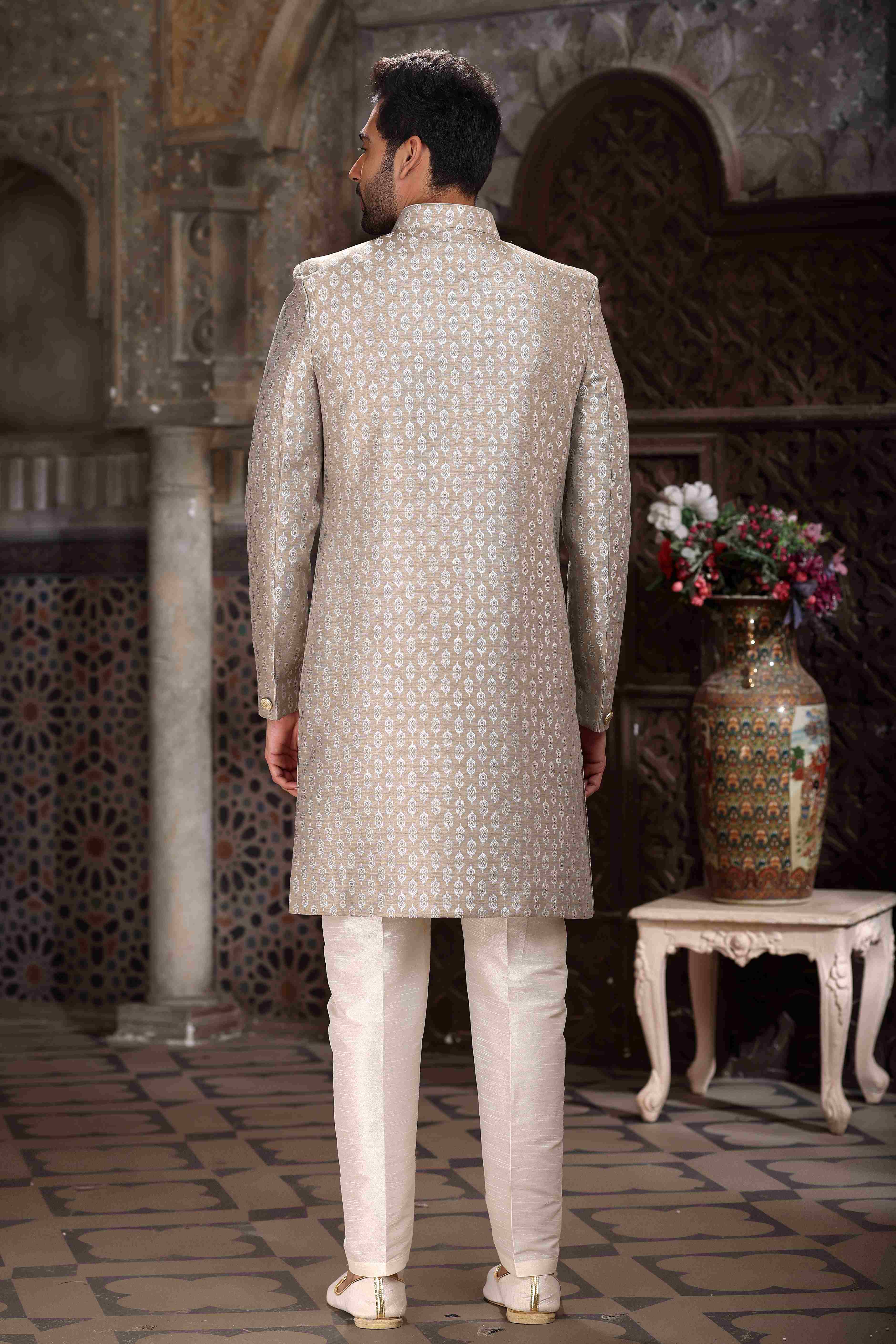 Raivat Ethnic Banarasi Jacquard Woven Work Indo Western Sherwani In Light Grey Colour - Distacart