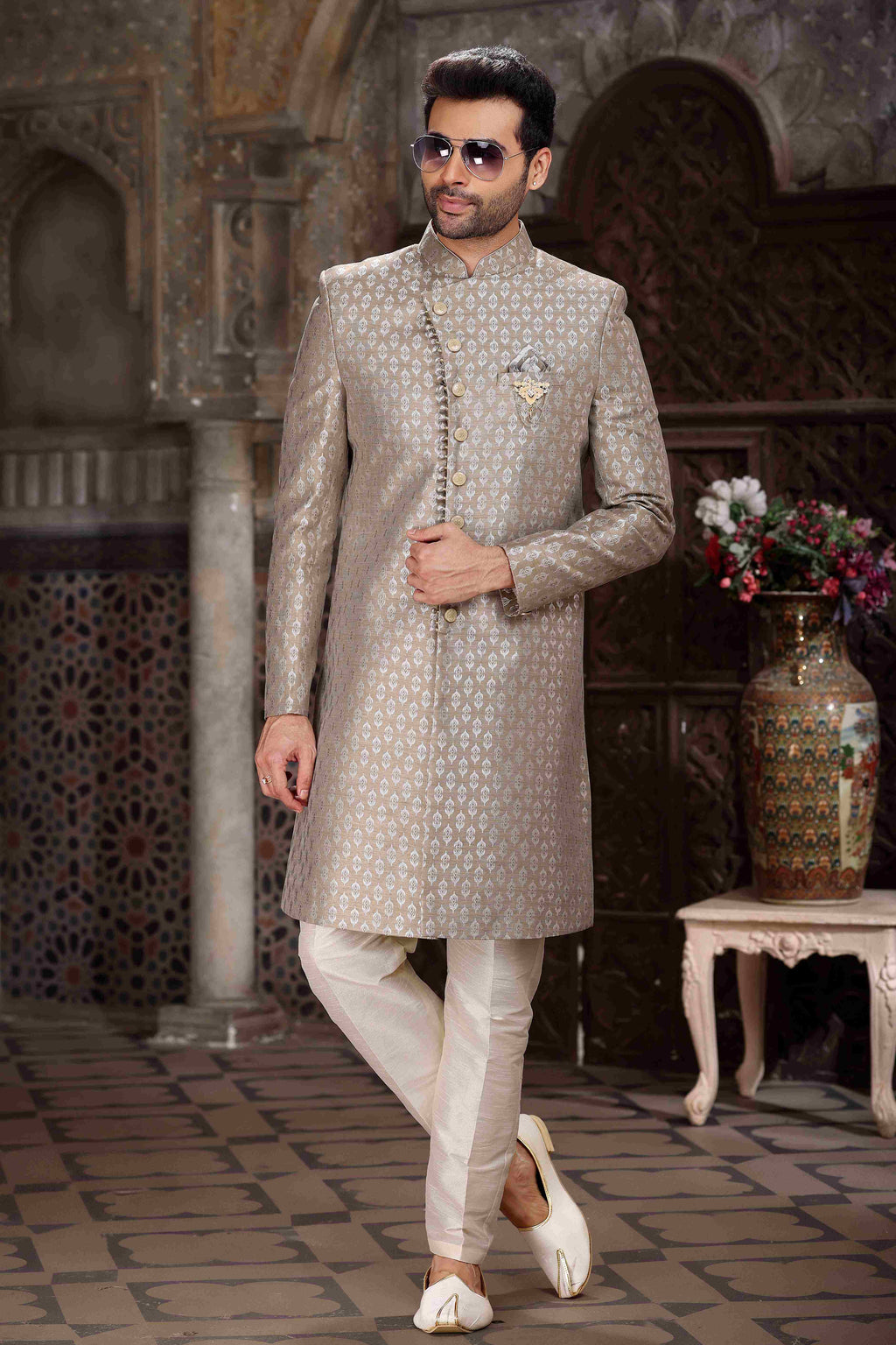 Raivat Ethnic Banarasi Jacquard Woven Work Indo Western Sherwani In Light Grey Colour - Distacart