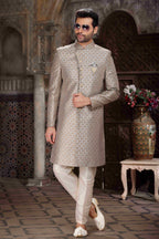 Raivat Ethnic Banarasi Jacquard Woven Work Indo Western Sherwani In Light Grey Colour - Distacart