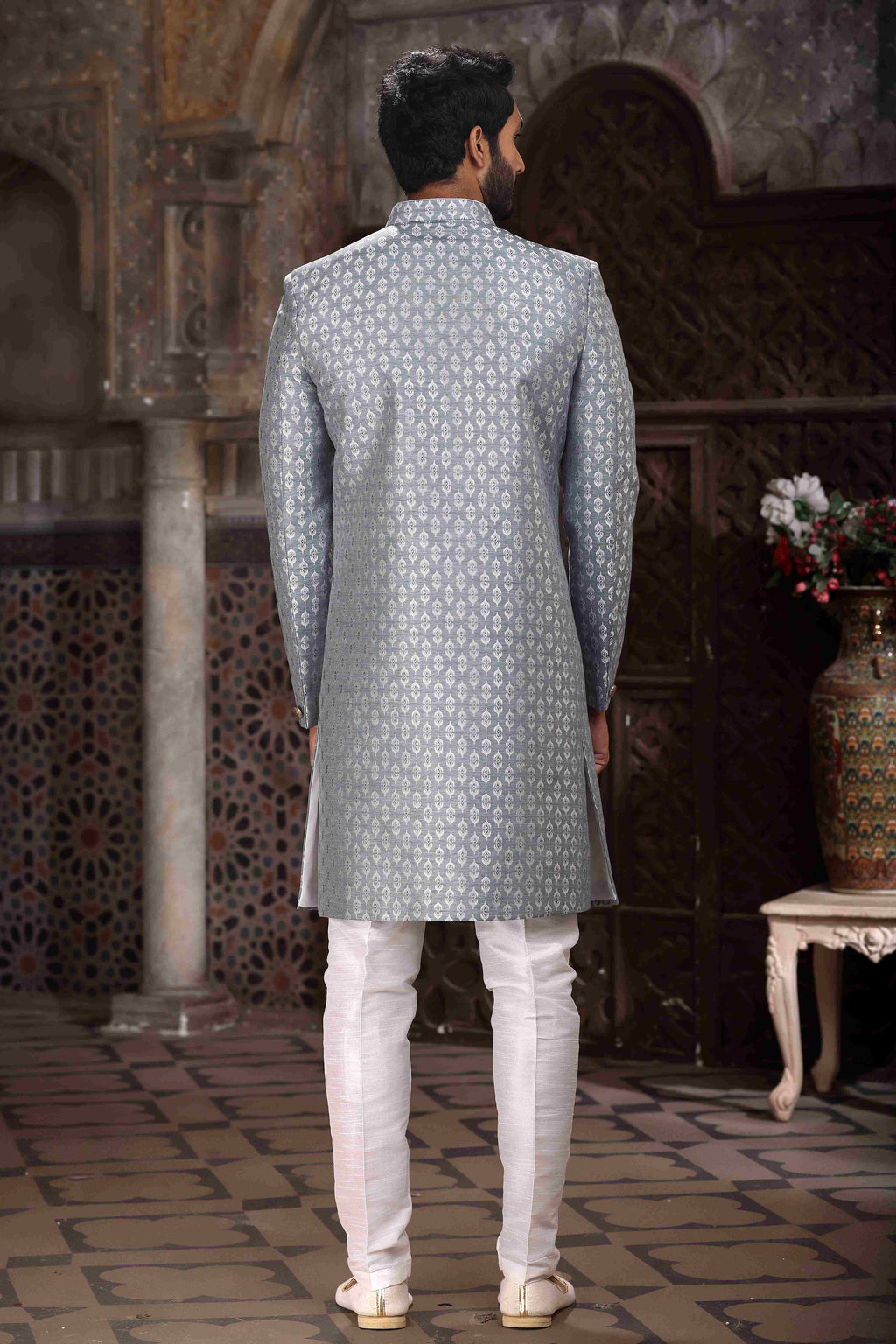 Raivat Ethnic Banarasi Jacquard Woven Work Indo Western Sherwani In Grey Colour