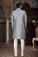 Raivat Ethnic Banarasi Jacquard Woven Work Indo Western Sherwani In Grey Colour
