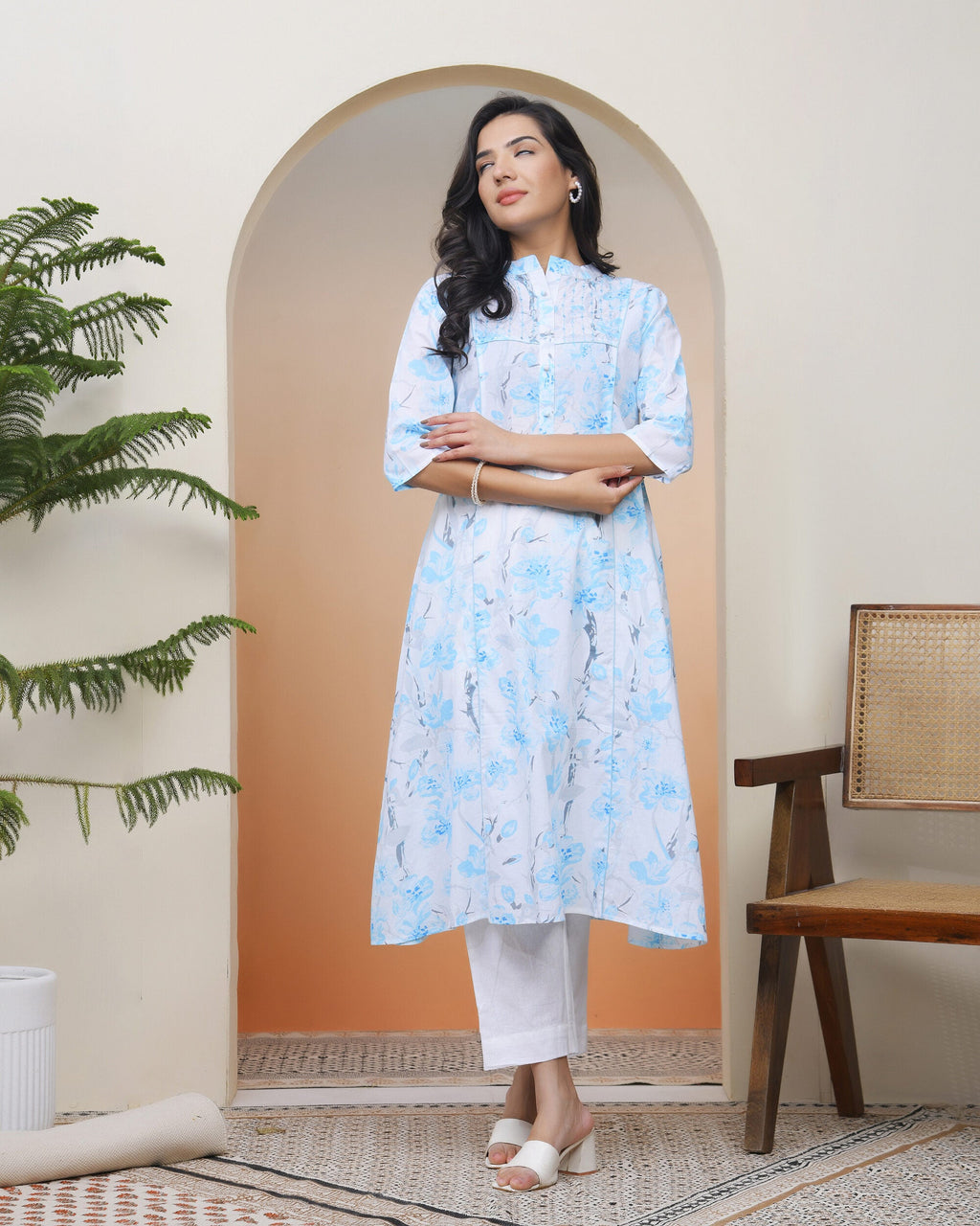 Vaasva Women White Floral Cotton Printed Flare Kurti - Distacart