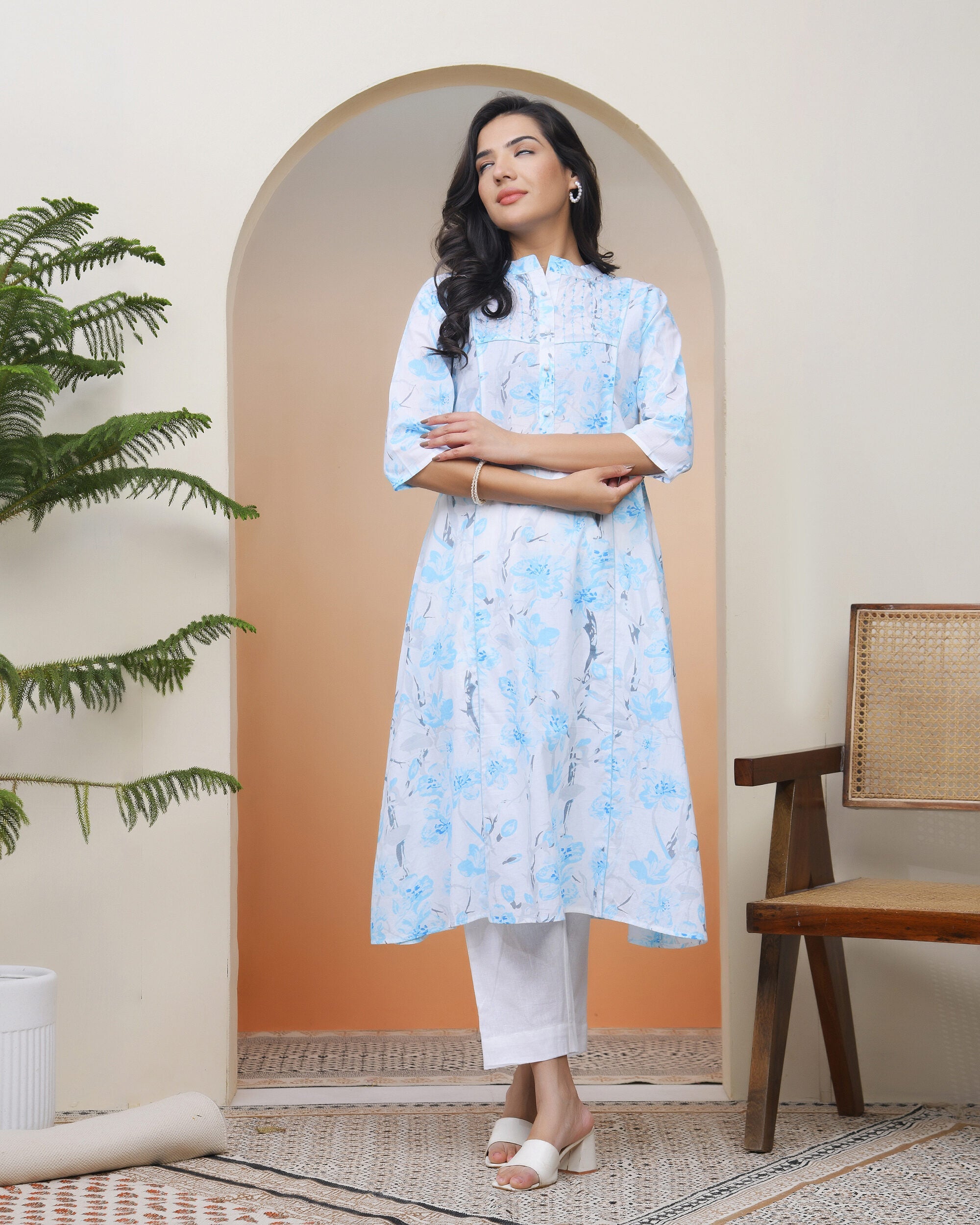 Vaasva Women White Floral Cotton Printed Flare Kurti - Distacart