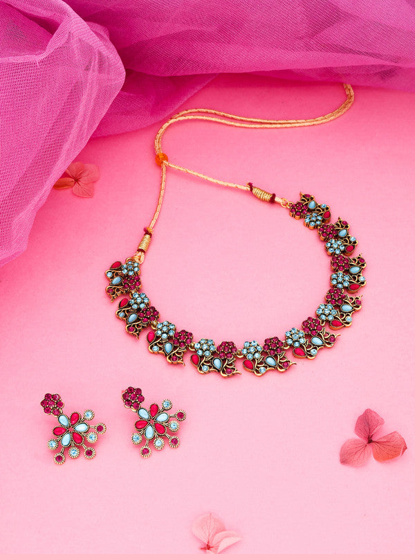 Tehzeeb Creations Luxurious Gold Polished Pink & Sky Blue Colour Diamond Choker Necklace Set With Matching Earrings