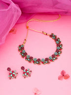 Tehzeeb Creations Luxurious Gold Polished Pink & Sky Blue Colour Diamond Choker Necklace Set With Matching Earrings