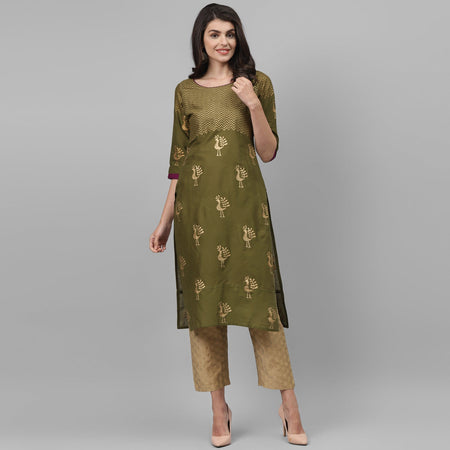 Maai Rayon Hand Printed Kurta Olive