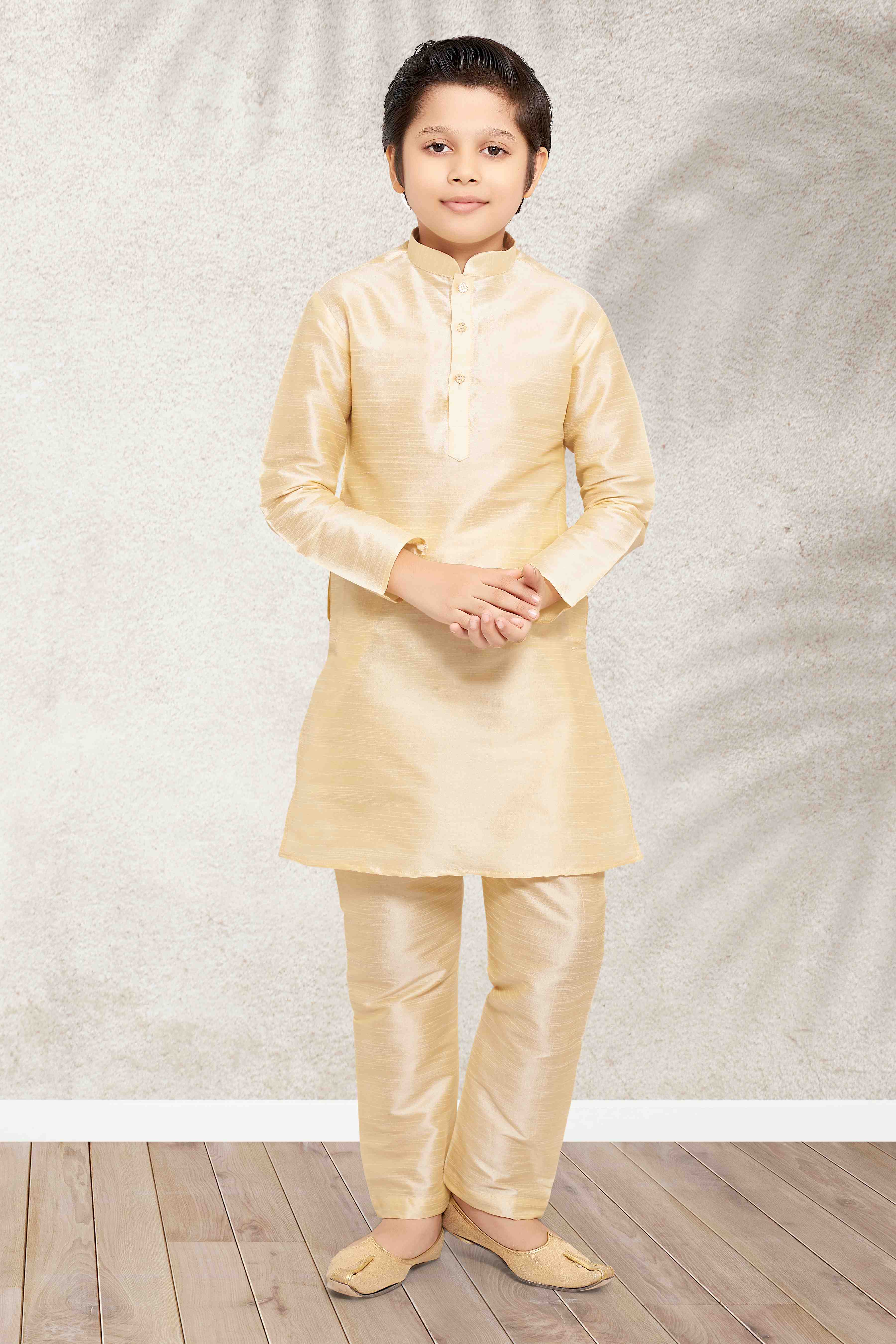 Raivat Ethnic Art Banarasi Silk Kids Kurta Pajama In Gold Colour