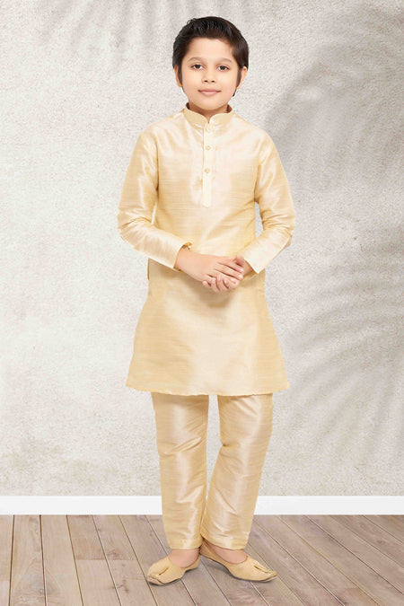 Raivat Ethnic Art Banarasi Silk Kids Kurta Pajama In Gold Colour