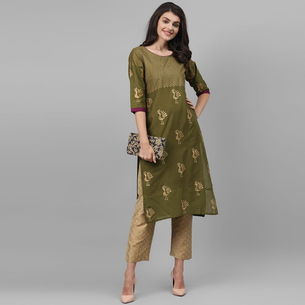 Maai Rayon Hand Printed Kurta Olive - Distacart