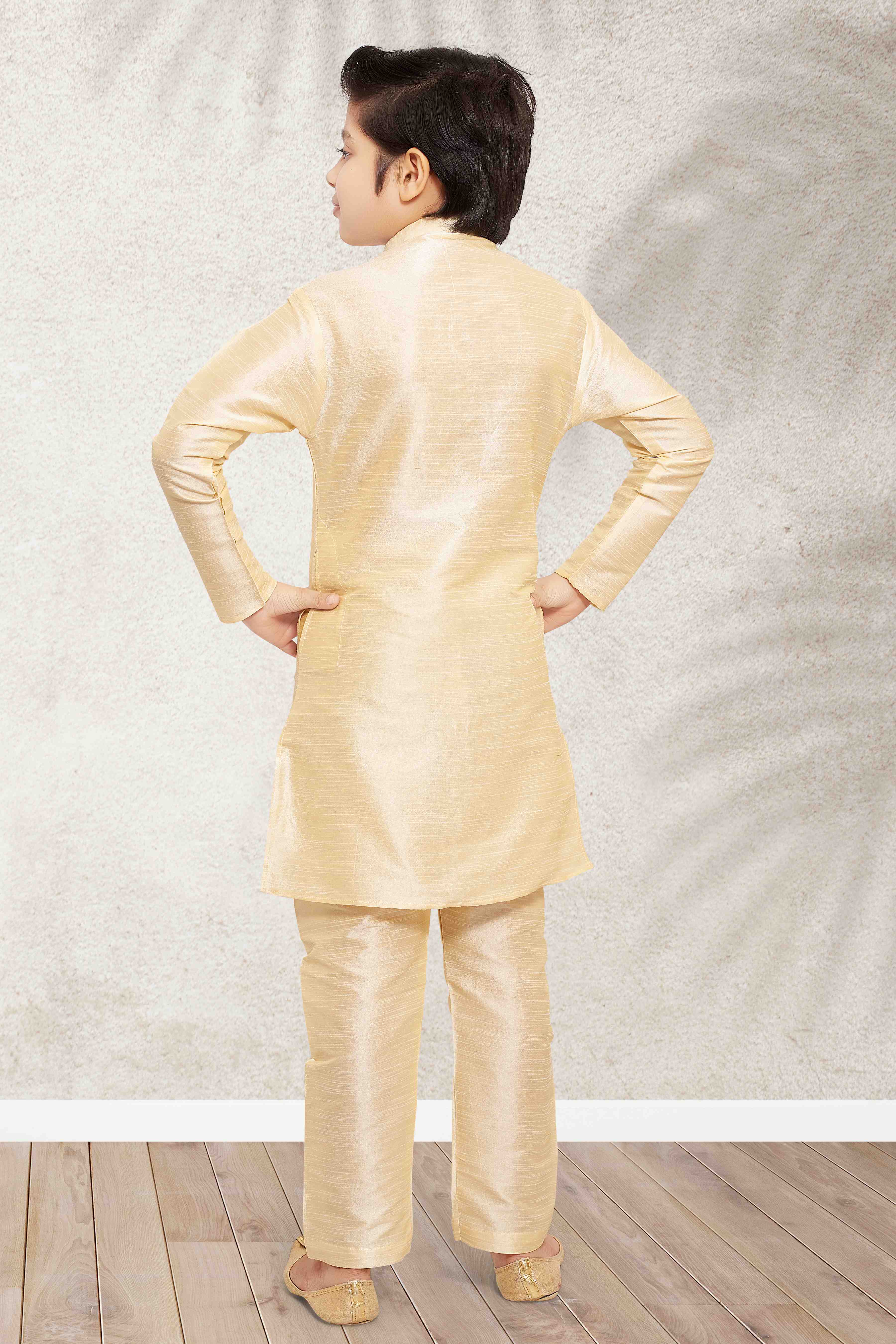 Raivat Ethnic Art Banarasi Silk Kids Kurta Pajama In Gold Colour