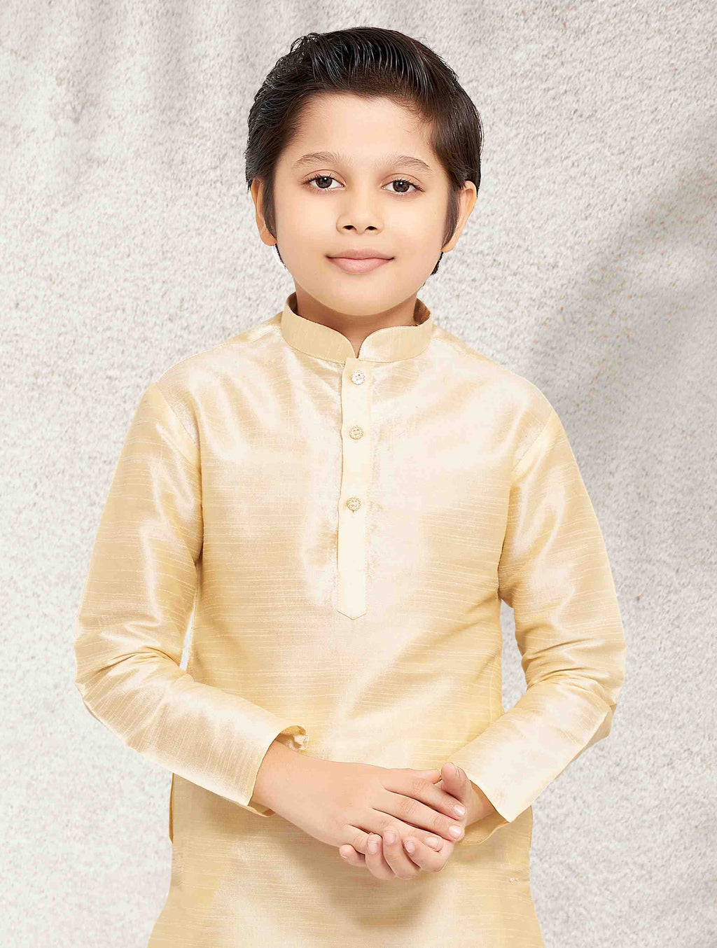 Raivat Ethnic Art Banarasi Silk Kids Kurta Pajama In Gold Colour