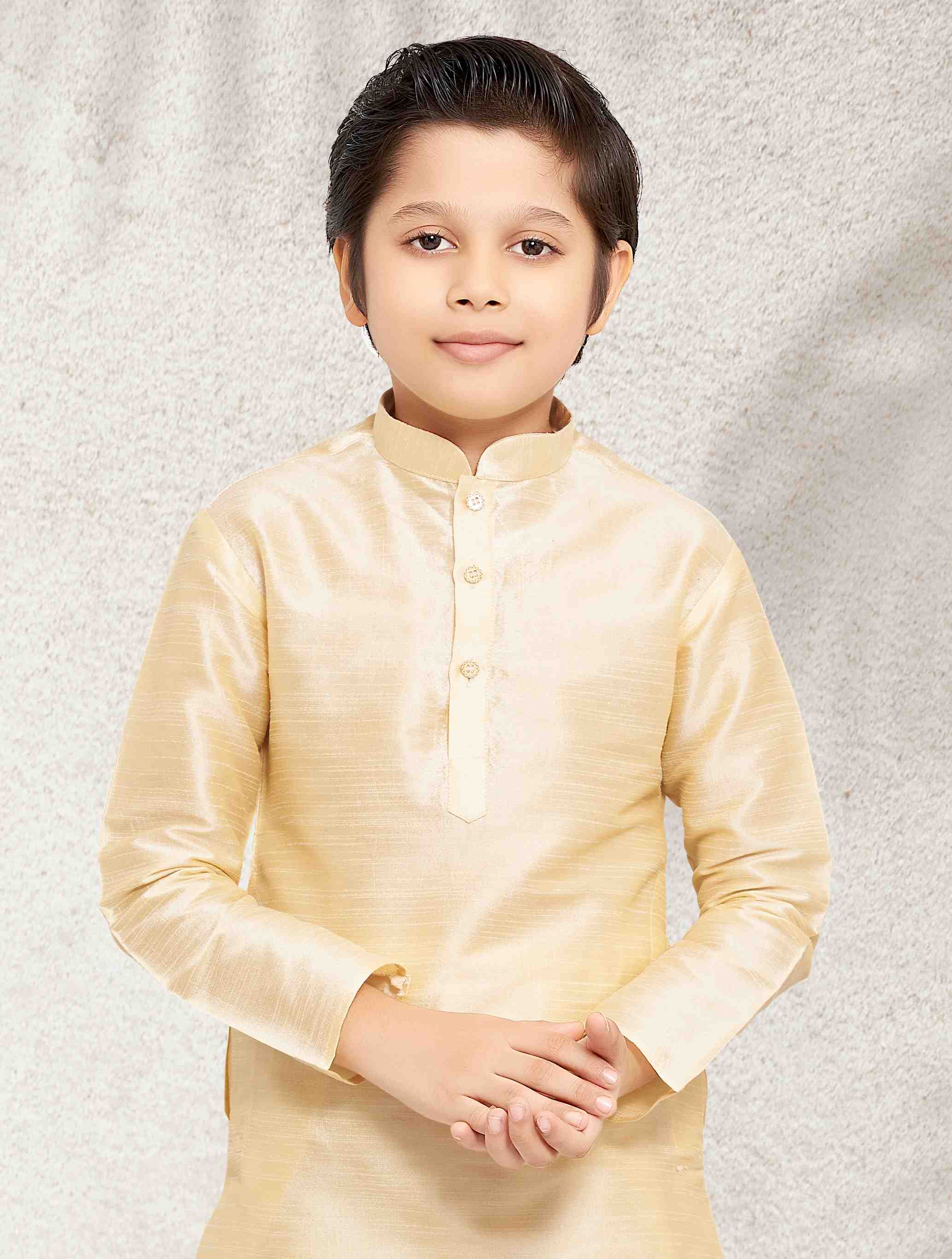 Raivat Ethnic Art Banarasi Silk Kids Kurta Pajama In Gold Colour