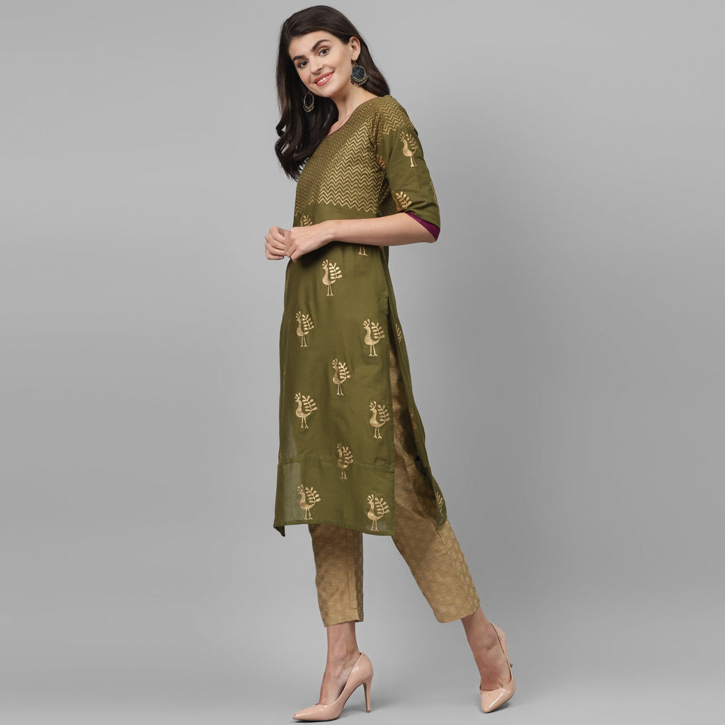 Maai Rayon Hand Printed Kurta Olive - Distacart
