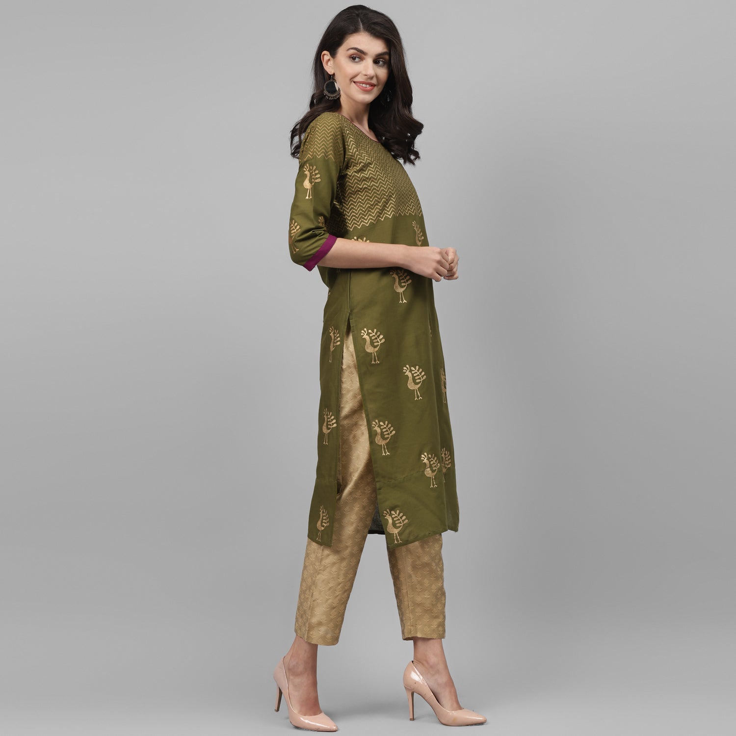 Maai Rayon Hand Printed Kurta Olive - Distacart