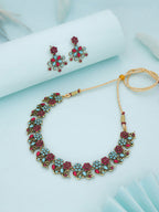Tehzeeb Creations Luxurious Gold Polished Pink & Sky Blue Colour Diamond Choker Necklace Set With Matching Earrings