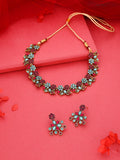 Tehzeeb Creations Luxurious Gold Polished Pink & Sky Blue Colour Diamond Choker Necklace Set With Matching Earrings
