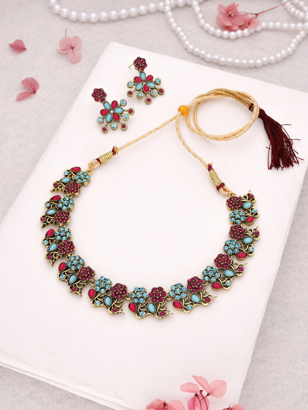 Tehzeeb Creations Luxurious Gold Polished Pink & Sky Blue Colour Diamond Choker Necklace Set With Matching Earrings