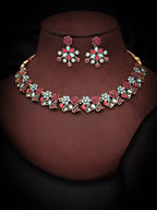 Tehzeeb Creations Luxurious Gold Polished Pink & Sky Blue Colour Diamond Choker Necklace Set With Matching Earrings