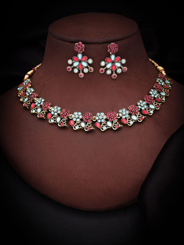 Tehzeeb Creations Luxurious Gold Polished Pink & Sky Blue Colour Diamond Choker Necklace Set With Matching Earrings