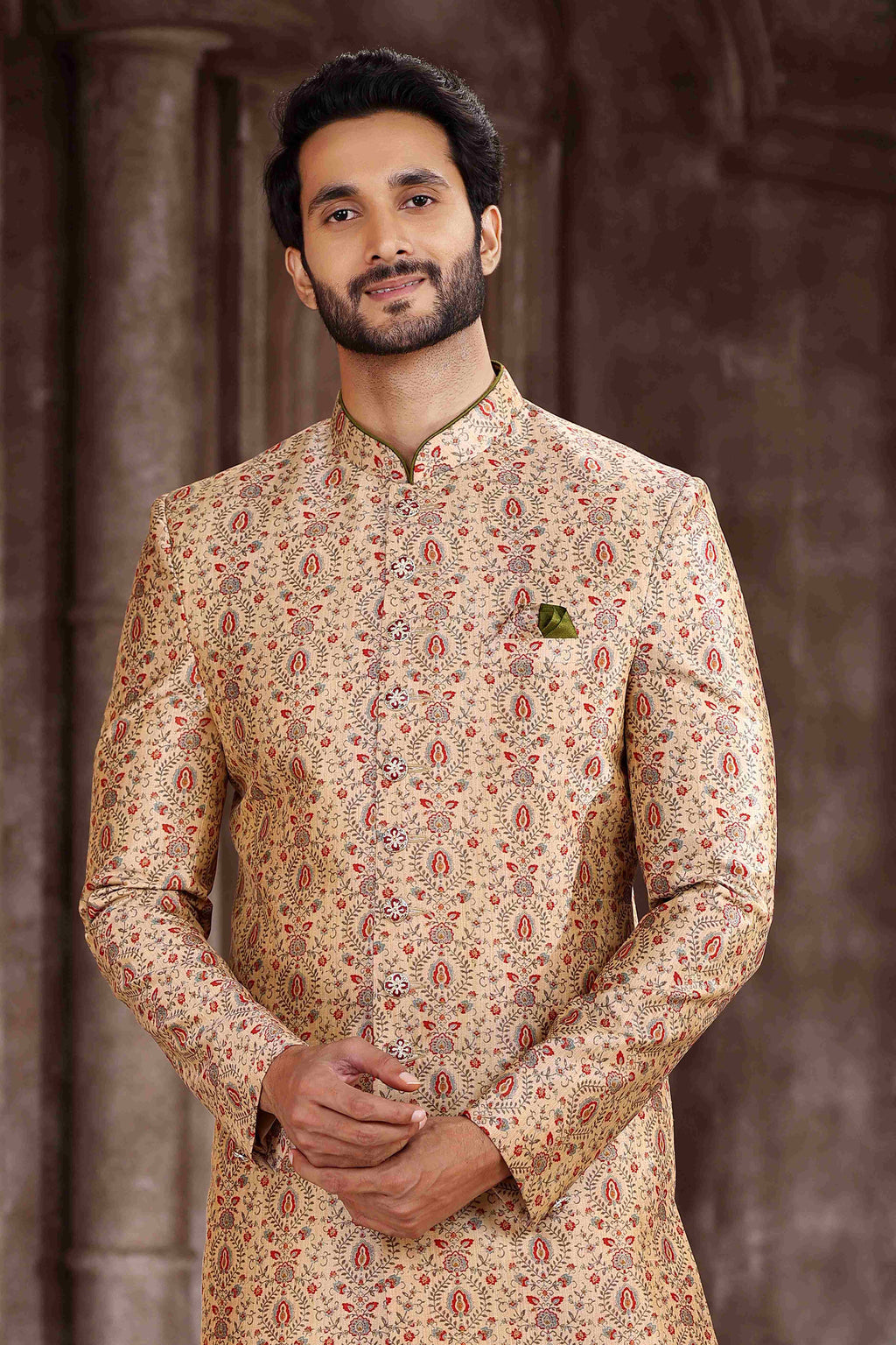 Raivat Ethnic Art Silk Digital Print Sherwani In Beige Colour