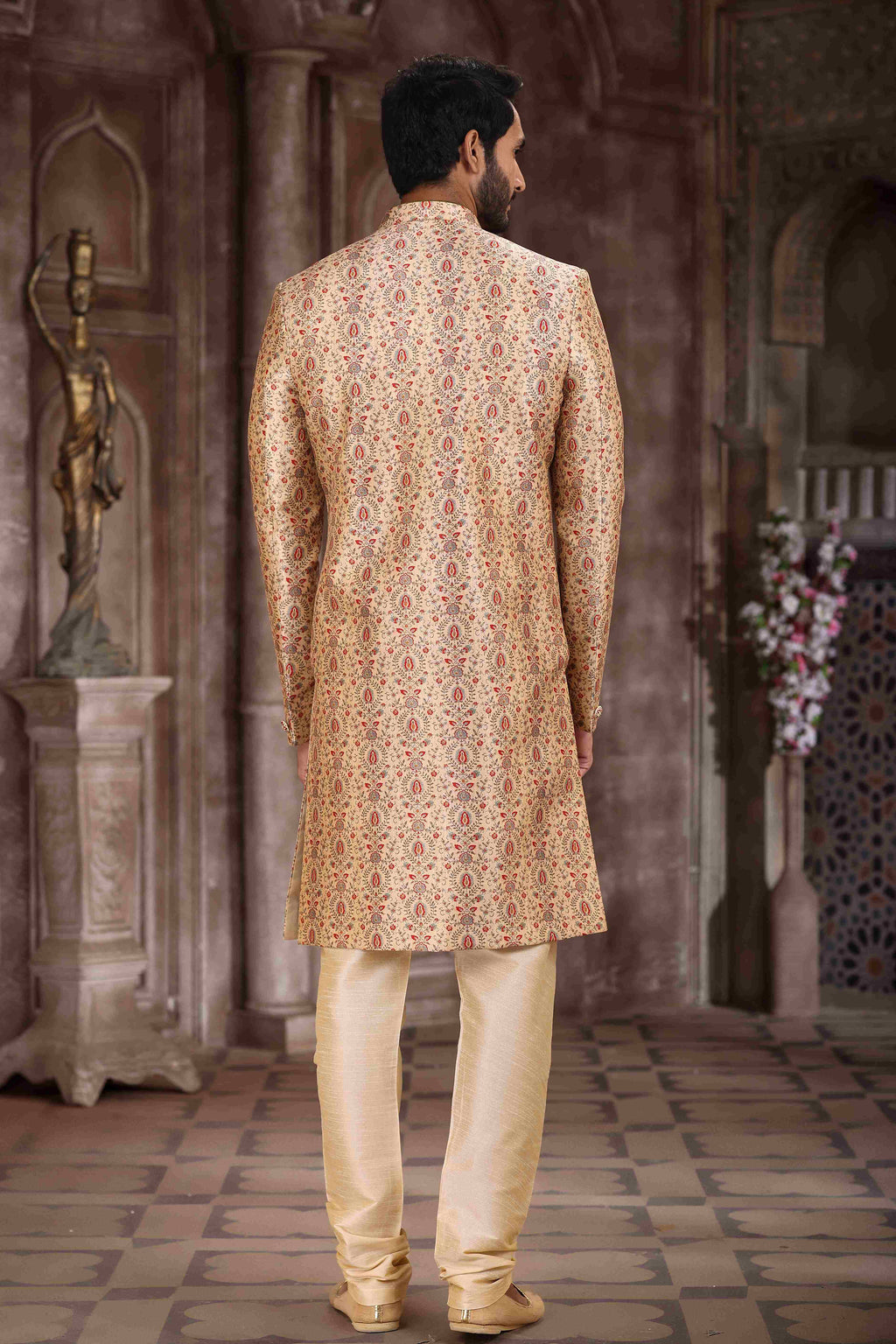 Raivat Ethnic Art Silk Digital Print Sherwani In Beige Colour