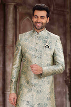 Raivat Ethnic Art Silk Digital Print Sherwani In Light Green Colour