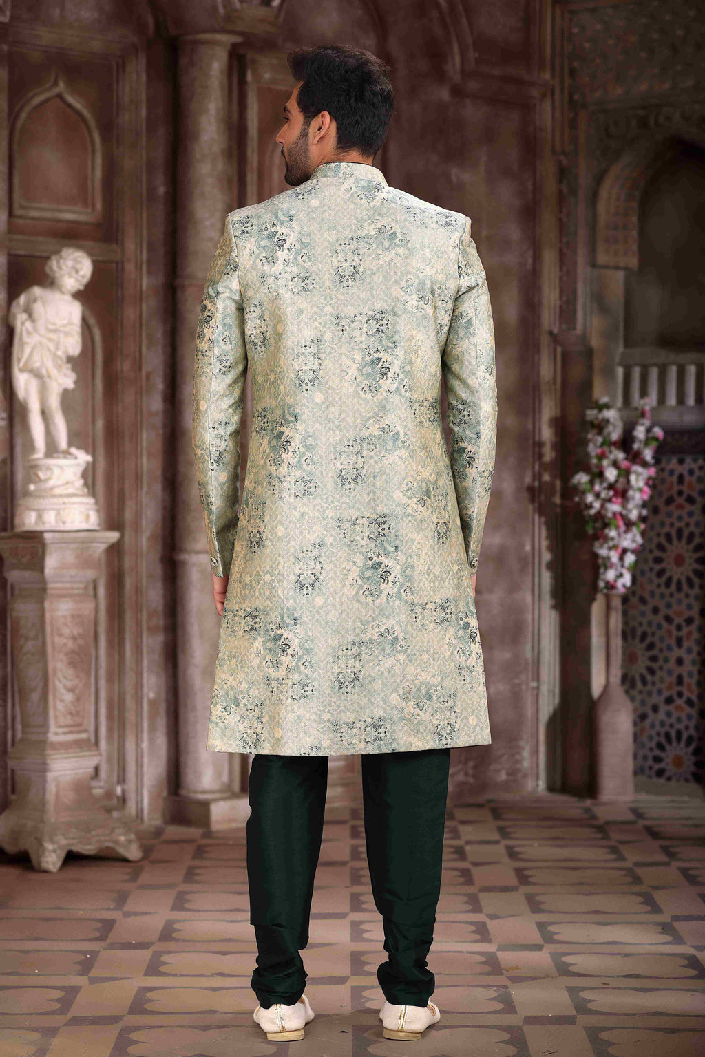 Raivat Ethnic Art Silk Digital Print Sherwani In Light Green Colour