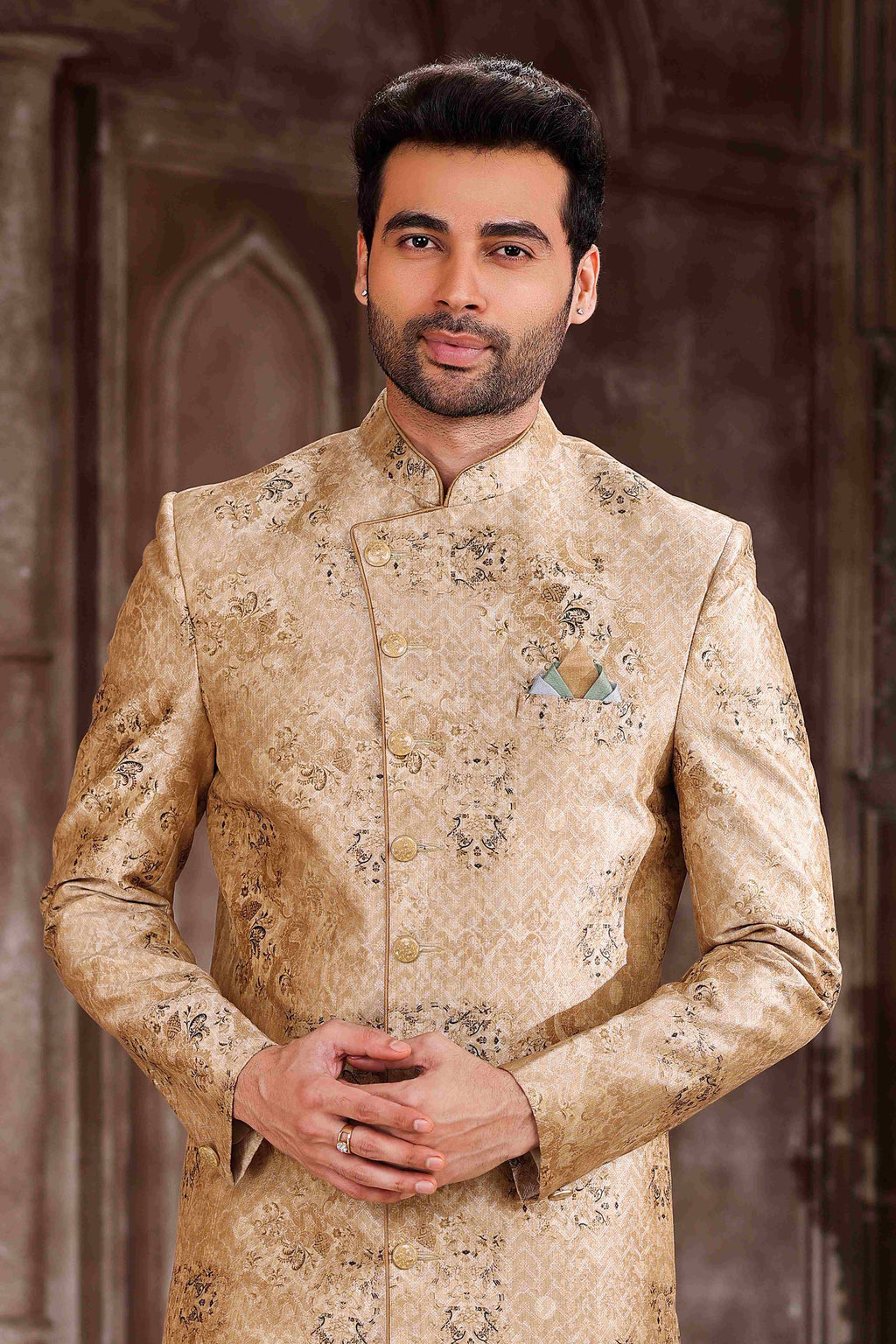 Raivat Ethnic Art Silk Digital Print Sherwani In Peach Colour
