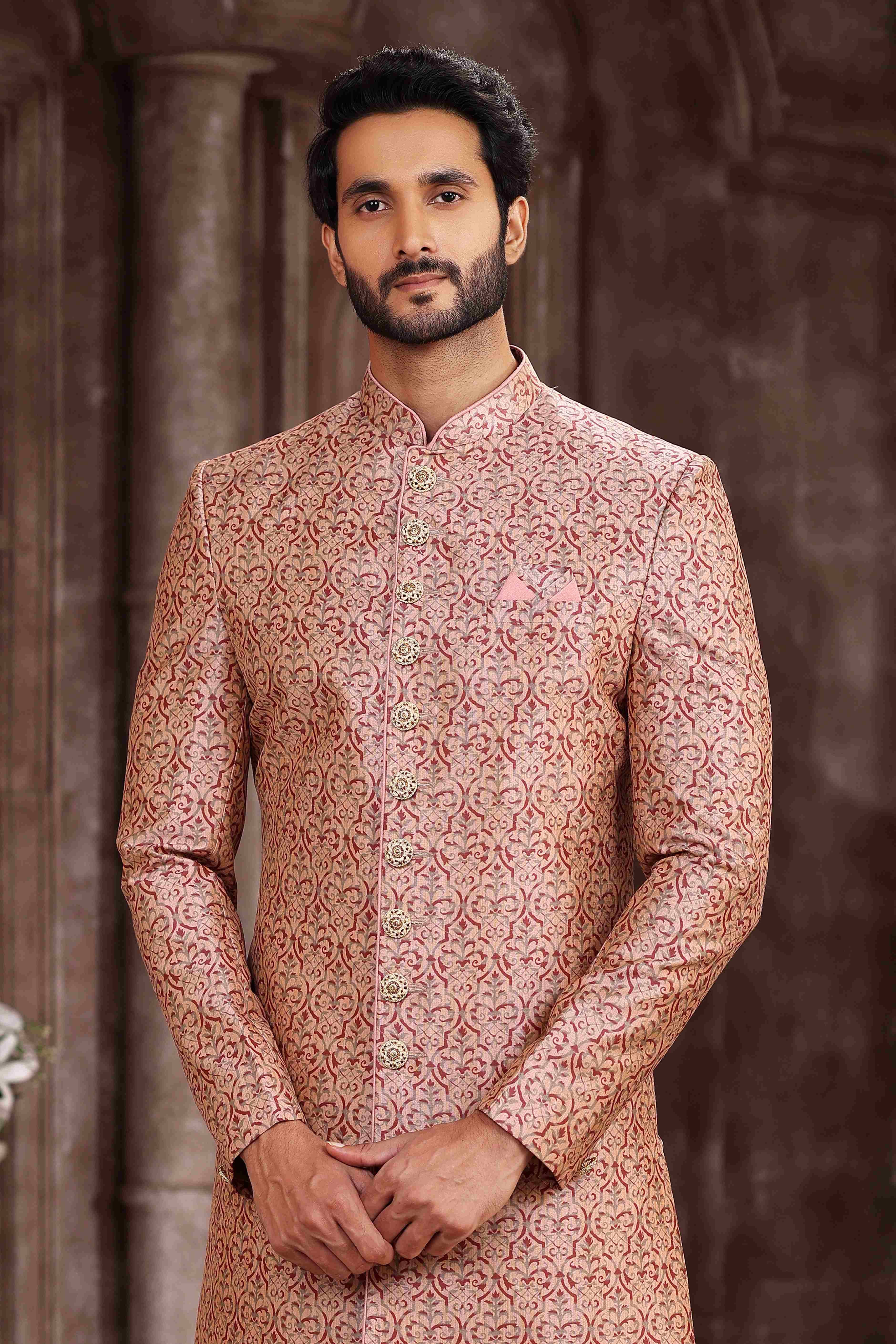 Raivat Ethnic Art Silk Digital Print Sherwani In Pink Colour