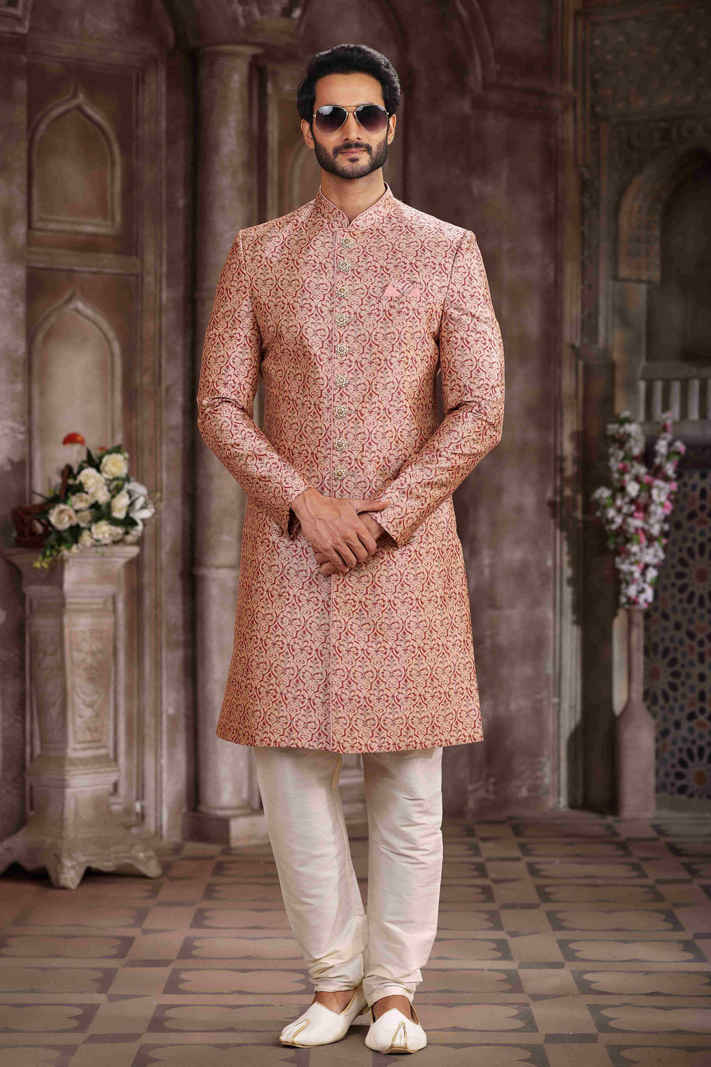 Raivat Ethnic Art Silk Digital Print Sherwani In Pink Colour