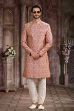 Raivat Ethnic Art Silk Digital Print Sherwani In Pink Colour