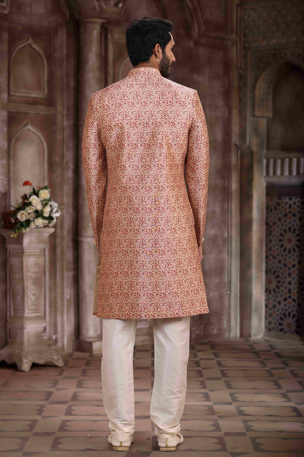 Raivat Ethnic Art Silk Digital Print Sherwani In Pink Colour