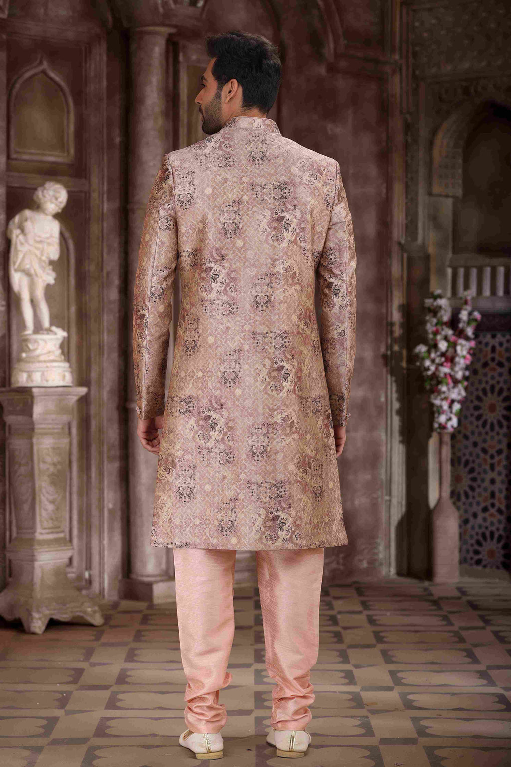 Raivat Ethnic Art Silk Digital Print Sherwani In Peach Colour