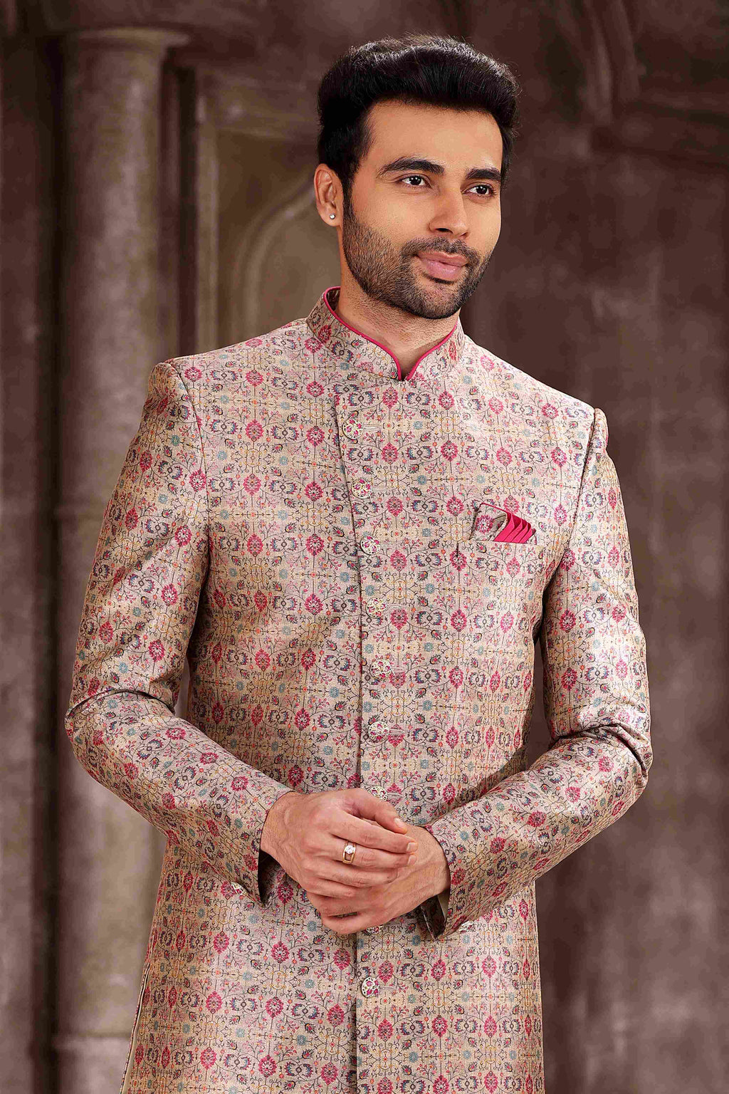 Raivat Ethnic Art Silk Digital Print Sherwani In Pink Colour