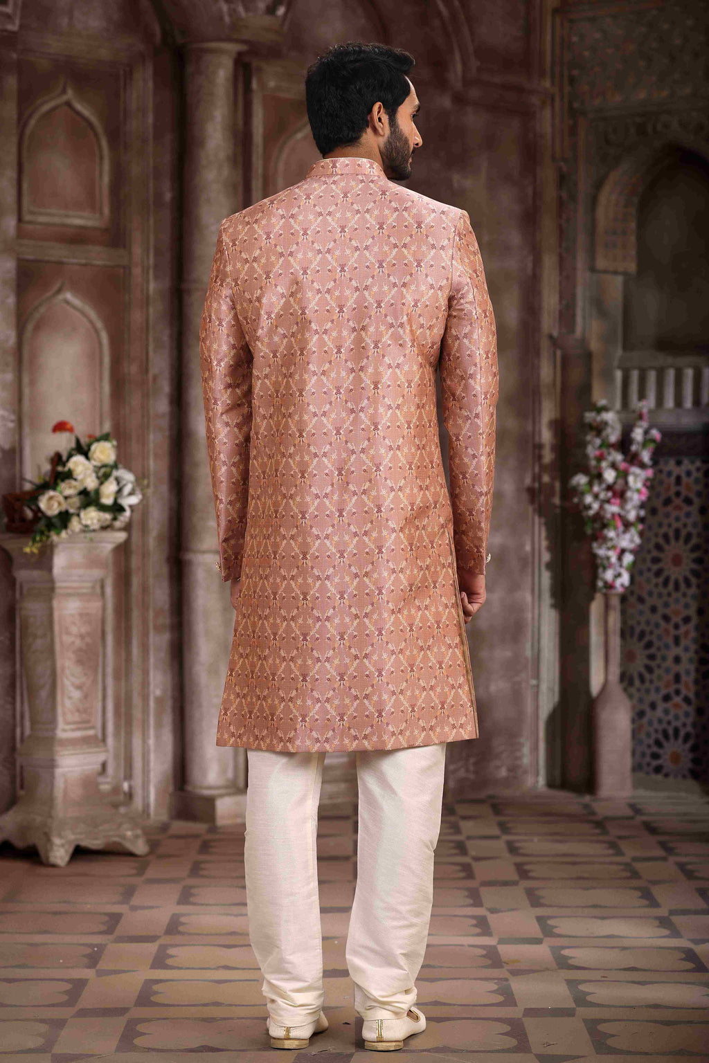 Raivat Ethnic Art Silk Digital Print Sherwani In Onion Pink Colour