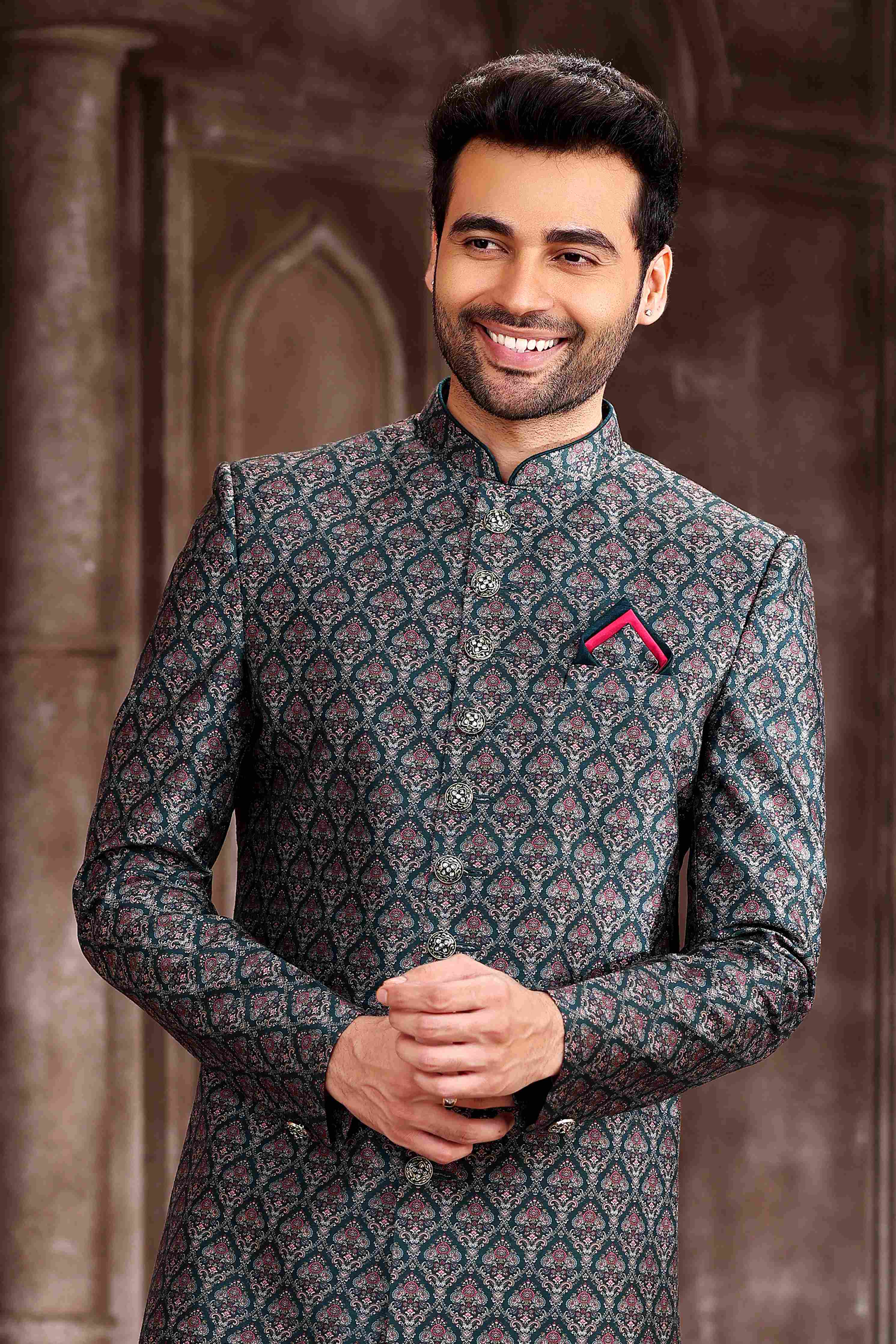 Raivat Ethnic Art Silk Digital Print Sherwani In Green Colour