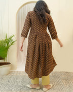 Vaasva Brown Boonta Cotton Printed Gathered Kurti