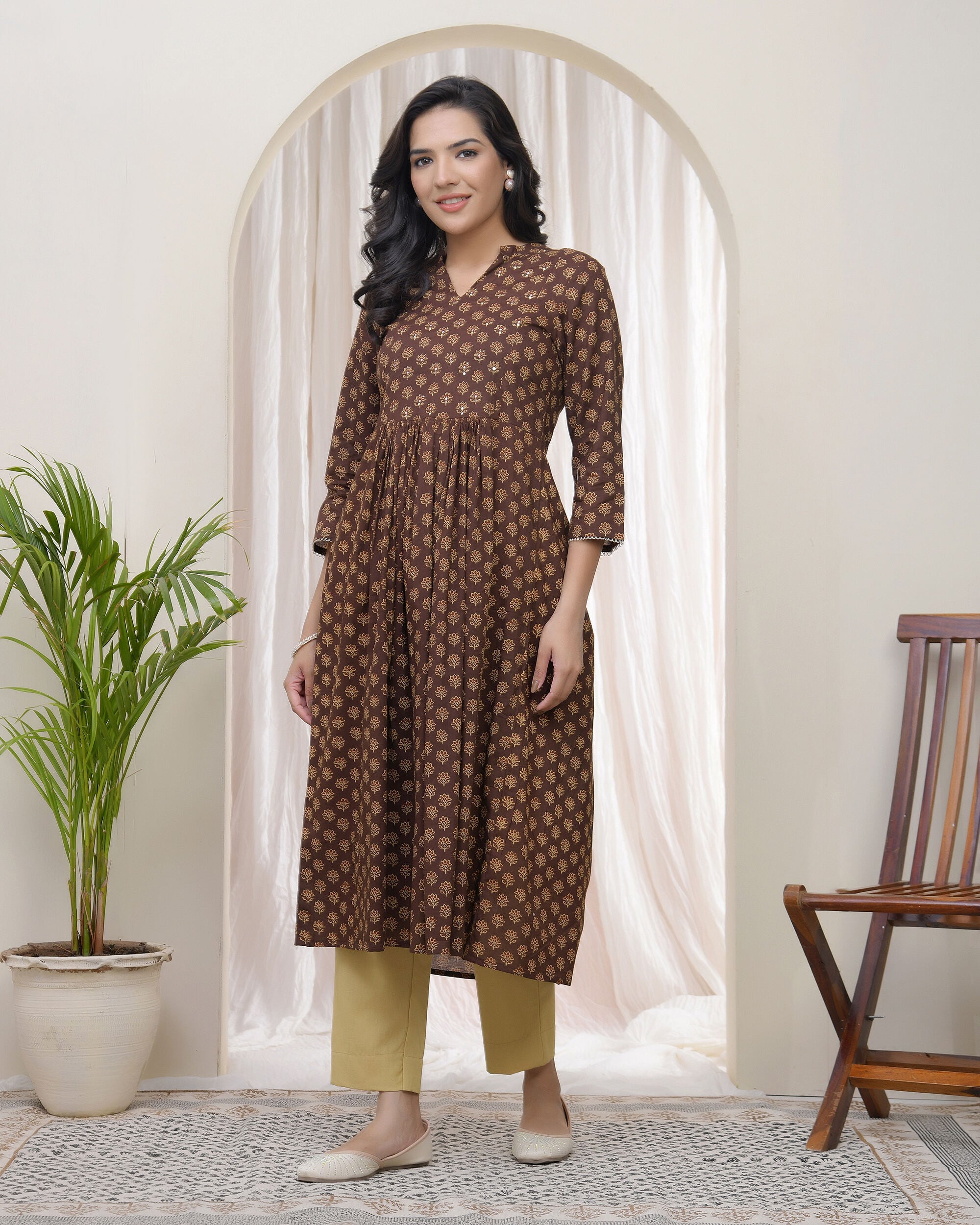 Vaasva Brown Boonta Cotton Printed Gathered Kurti