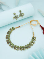 Tehzeeb Creations Luxurious Gold Polished Sea Green Colour Diamond Choker Necklace Set With Matching Earrings