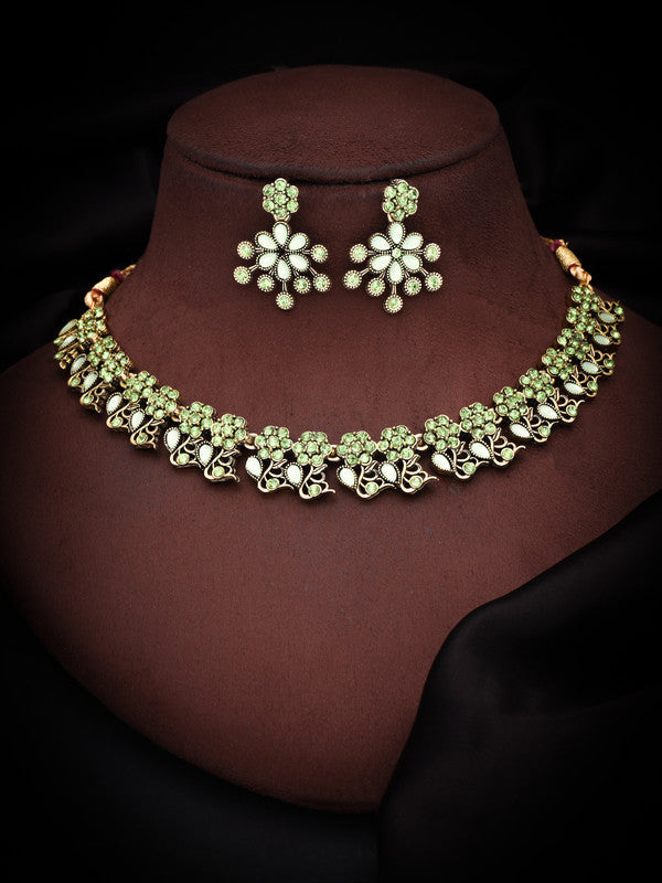 Tehzeeb Creations Luxurious Gold Polished Sea Green Colour Diamond Choker Necklace Set With Matching Earrings