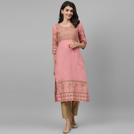 Maai Rayon Hand Printed Kurta Peach