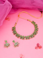 Tehzeeb Creations Luxurious Gold Polished Sea Green Colour Diamond Choker Necklace Set With Matching Earrings