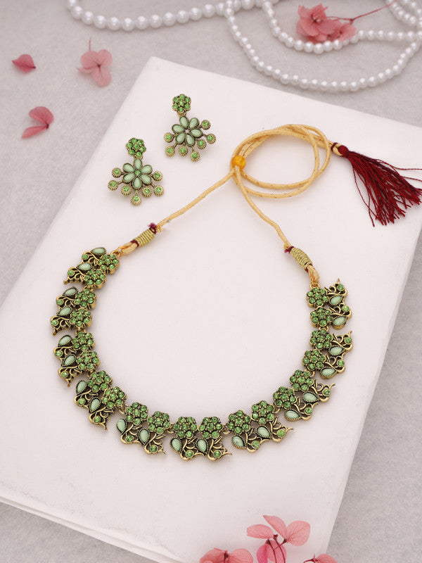 Tehzeeb Creations Luxurious Gold Polished Sea Green Colour Diamond Choker Necklace Set With Matching Earrings