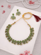Tehzeeb Creations Luxurious Gold Polished Sea Green Colour Diamond Choker Necklace Set With Matching Earrings